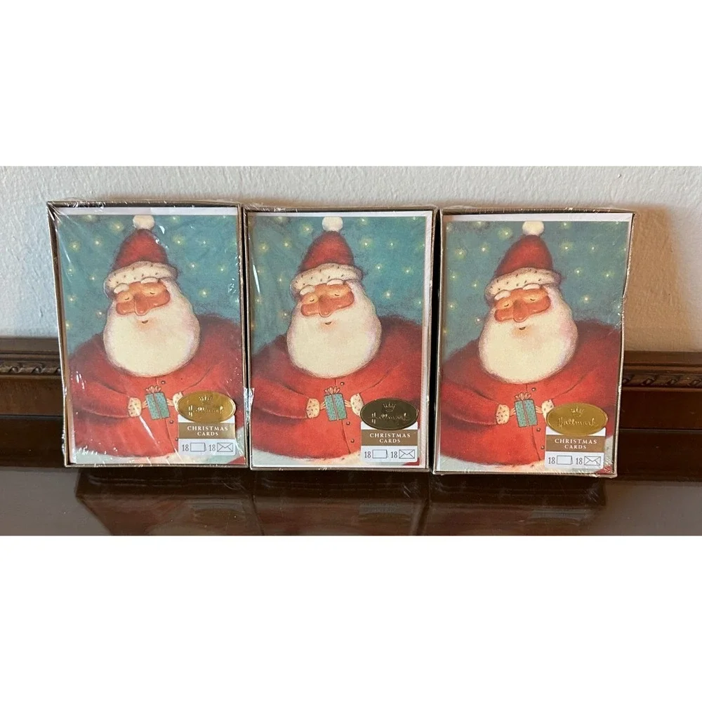 3 Vintage Hallmark Modern Folk Art Santa Holiday Boxed Cards 18‎ w/ Envelopes
